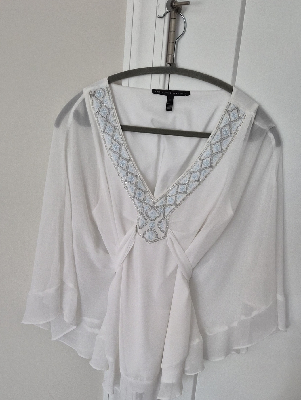 White House Black Market White Beaded V-Neck Flutter Blouse